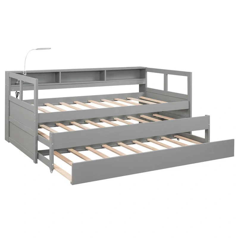 Twin XL Wood Daybed with 2 Trundles and USB Charging Design
