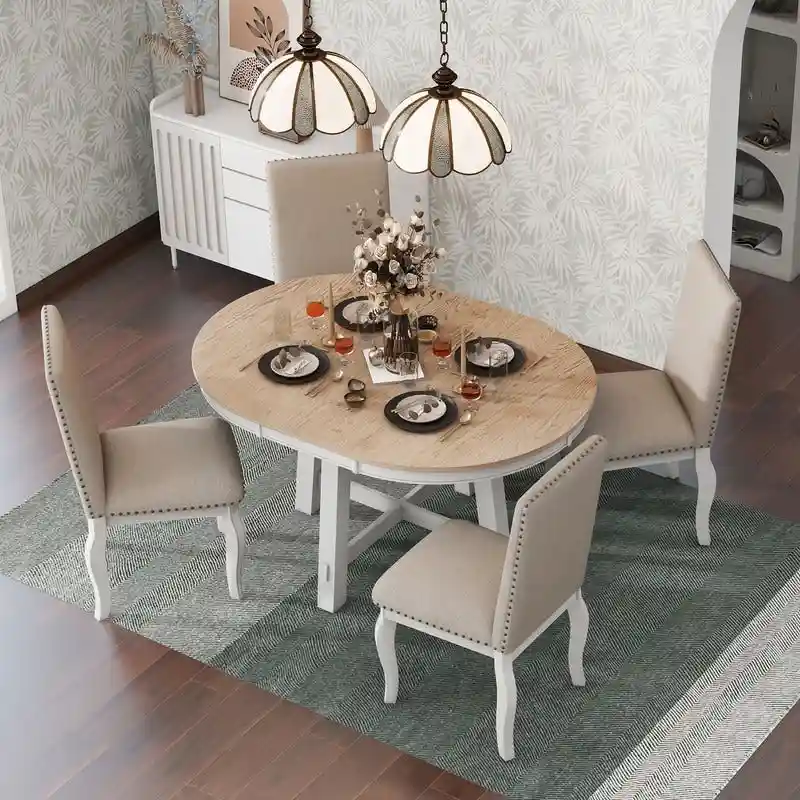 Farmhouse Dining Table Set Wood Round Extendable Dining Table and 4 Upholstered Dining Chairs