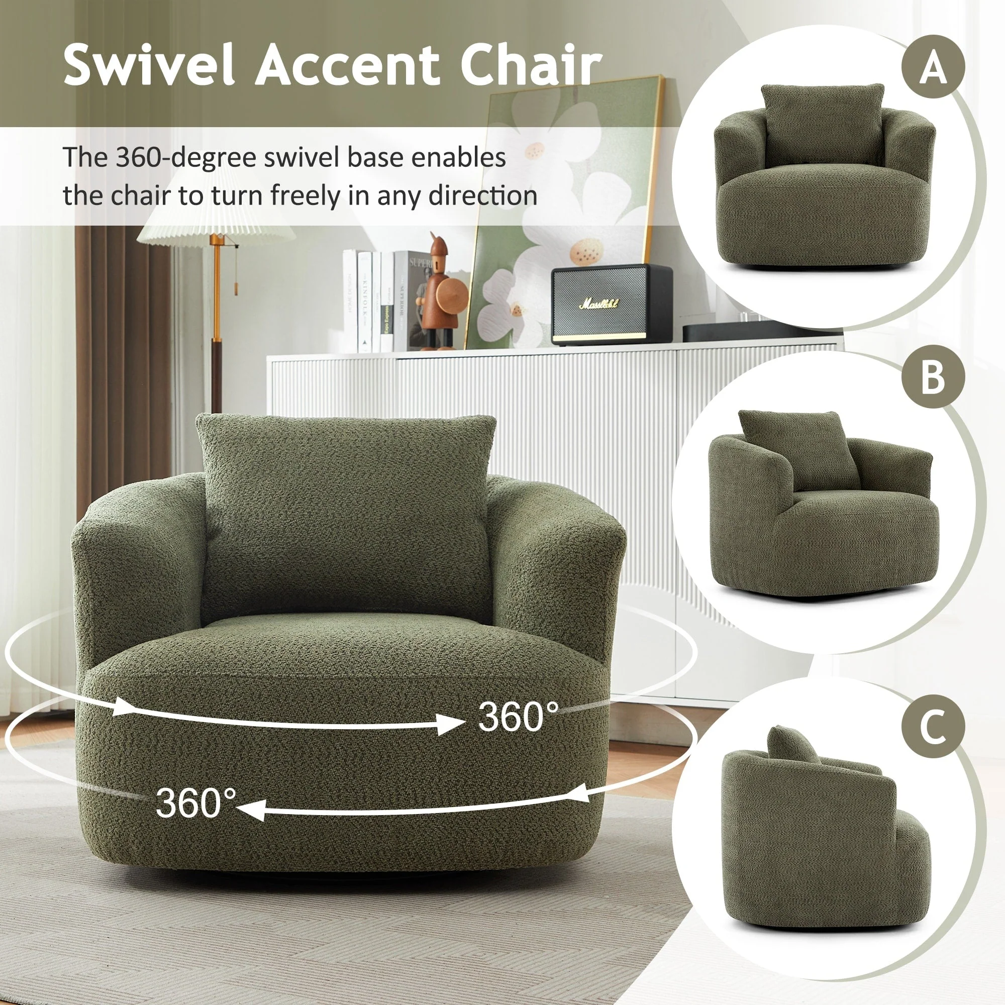 360° Swivel Chair, 38.2 Boucle Accent Chair with Throw Pillow, Upholstered Barrel Sofa Chair with Curved Armrests