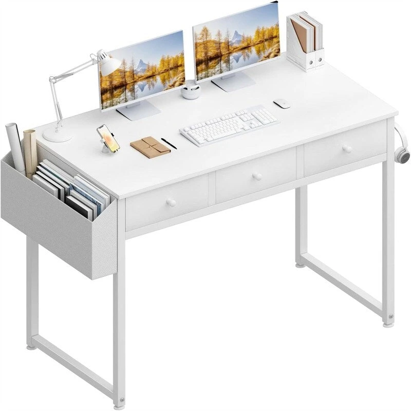 Small White Computer Desk with Fabric Drawers