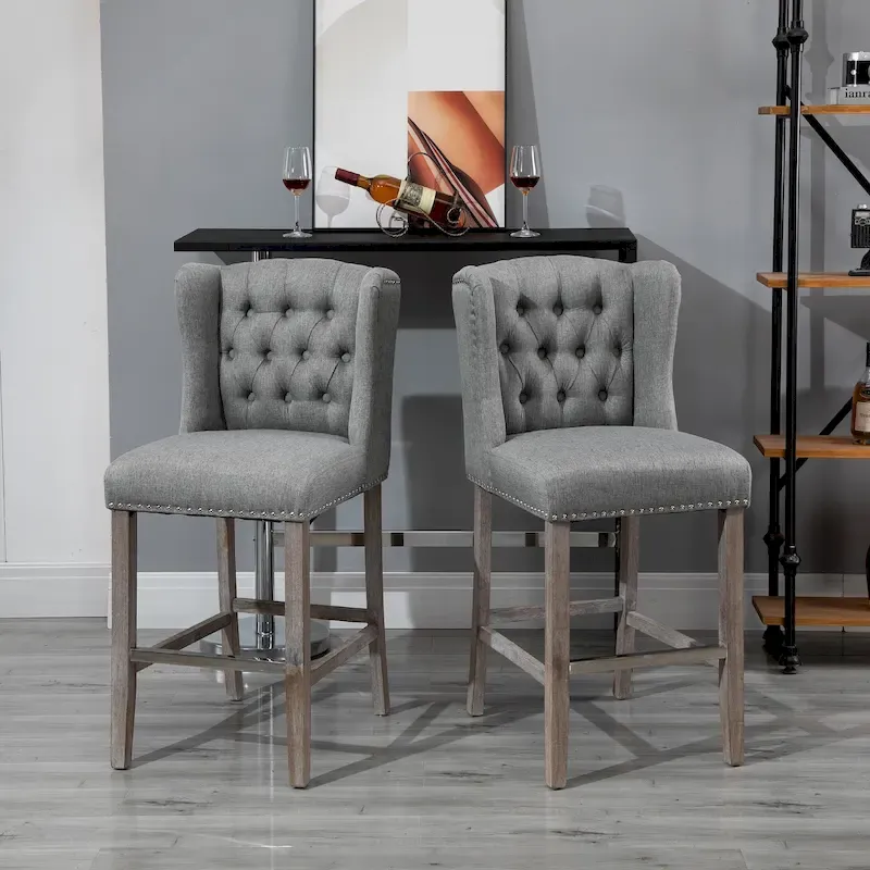 2 Piece Counter Height Barstools Kitchen Breakfast Stools with Nailhead-Trim and Tufted Back, Solid Wood Legs