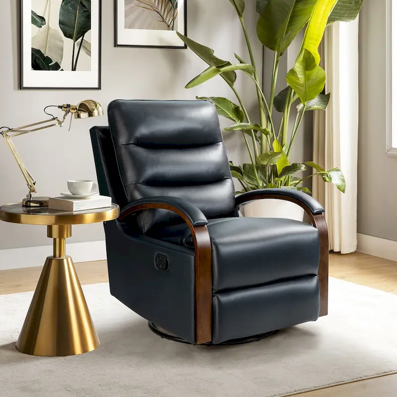 Leopold Modern Genuine Leather Swivel Rocking Manual Recliner Chair with Wooden Arm Accents by HULALA HOME