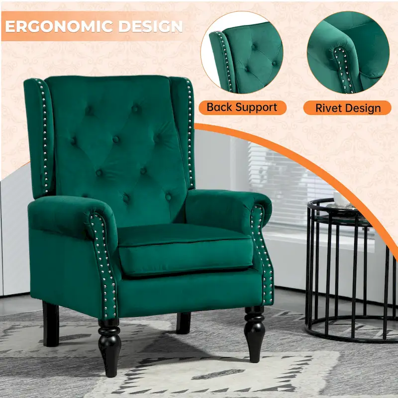 Mid-Century Velvet/Leather Upholstered Tufted Wood Frame Armchair