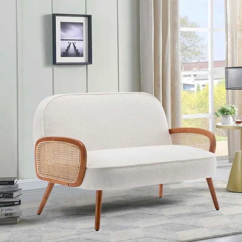 41 W Small Loveseat with Natural Rattan Arms,Upholstered Modern Mini Sofa Couch Love Seat Settee Bench with Back