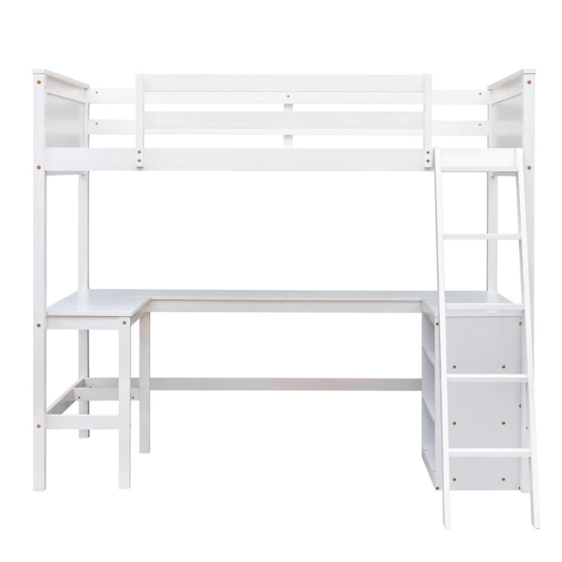 White Twin Size Loft Bed with Desk and Shelves, Full-Length Guardrail, Sturdy Pine Wood Frame