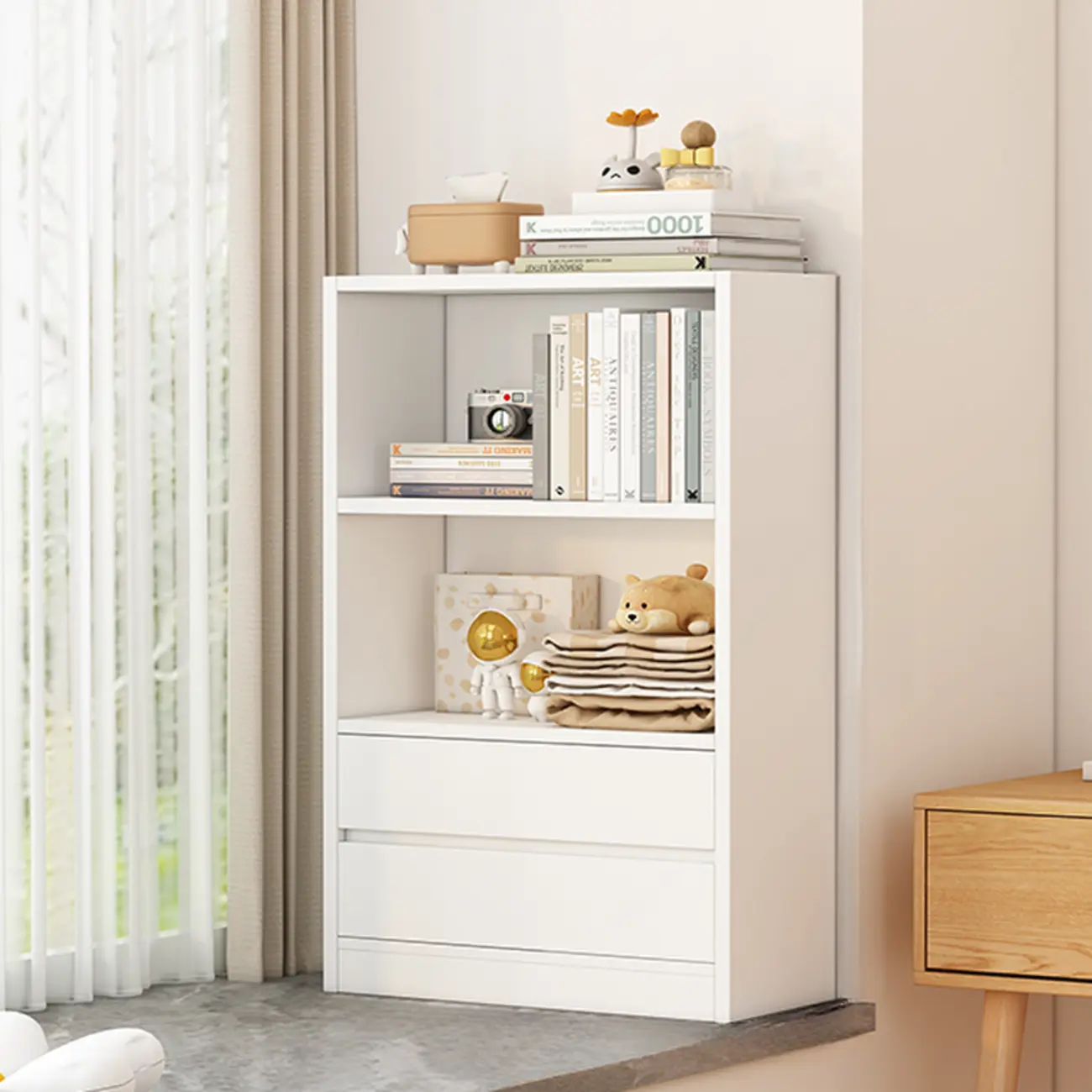 Simple Wooden White 3-Tier Bookcase with Drawers
