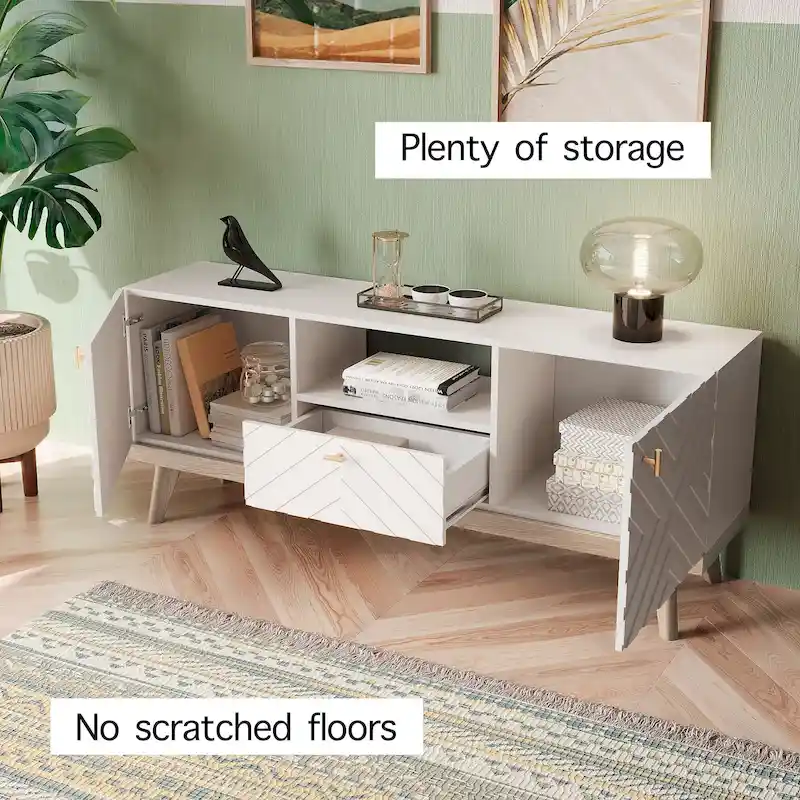 Living Skog Alba Beige TV Stand Console with Drawer Fits TV's up to 65 in. with Wood Legs Mid Century Modern Design