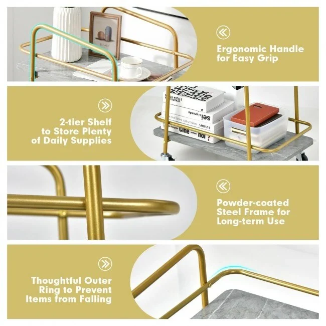 2-tier Kitchen Rolling Cart with Steel Frame and Lockable Casters-Gray - 16 x 24 x 32.5 (L x W x H)