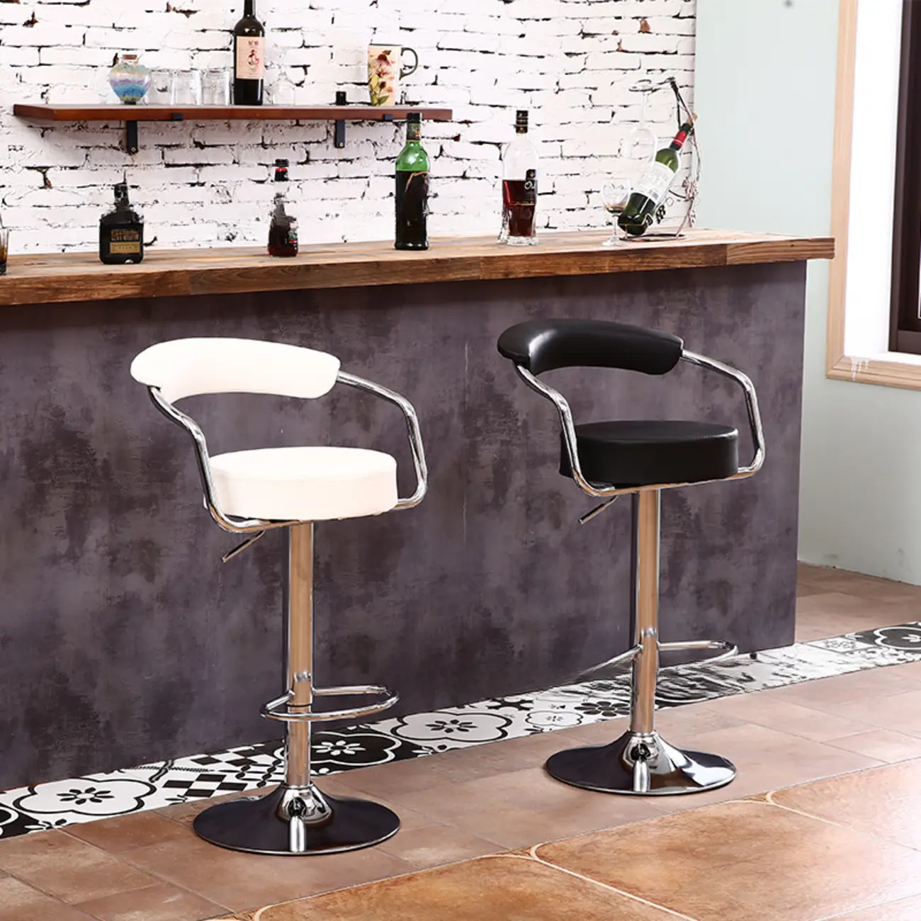 Modern Chrome Leather Ergonomic Adjustable Bar Stool