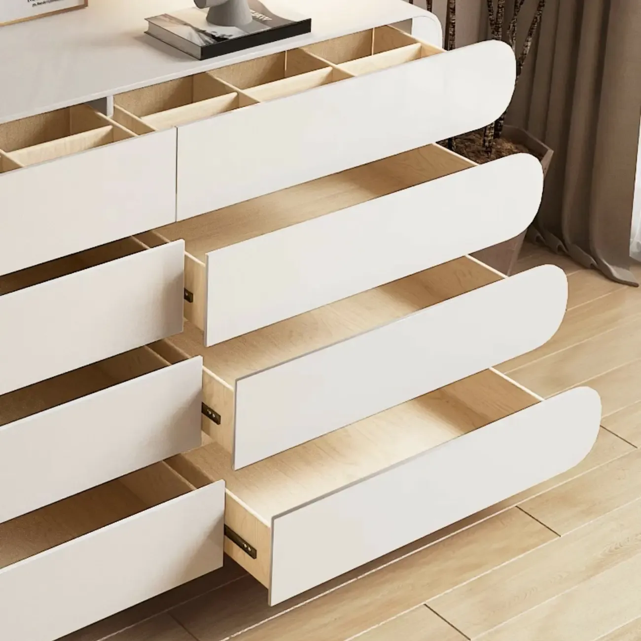 Glam White Oval Wooden Double Dresser with Soft Close Drawers