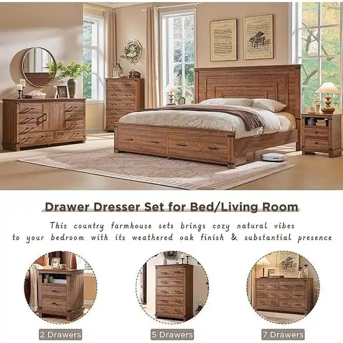 Farmhouse 8 Drawer Dresser, Wood Long Chest of Drawers, Closet Dresser
