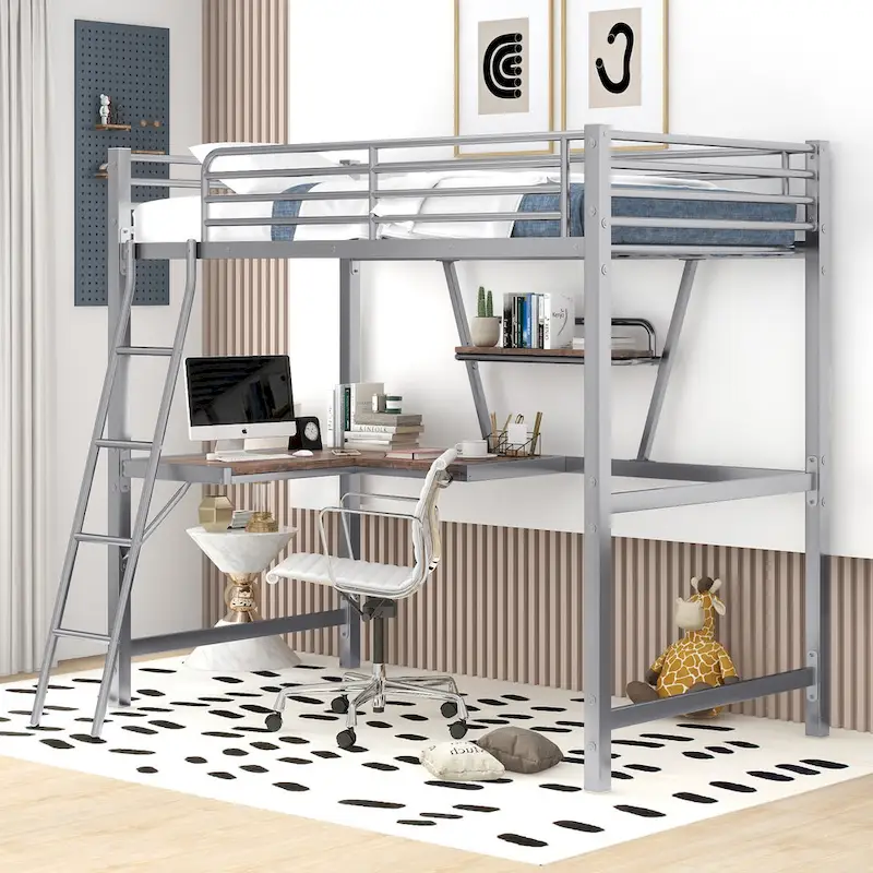 Metal Loft Bed with Integrated Desk, Shelf, and Full-Length Guardrail