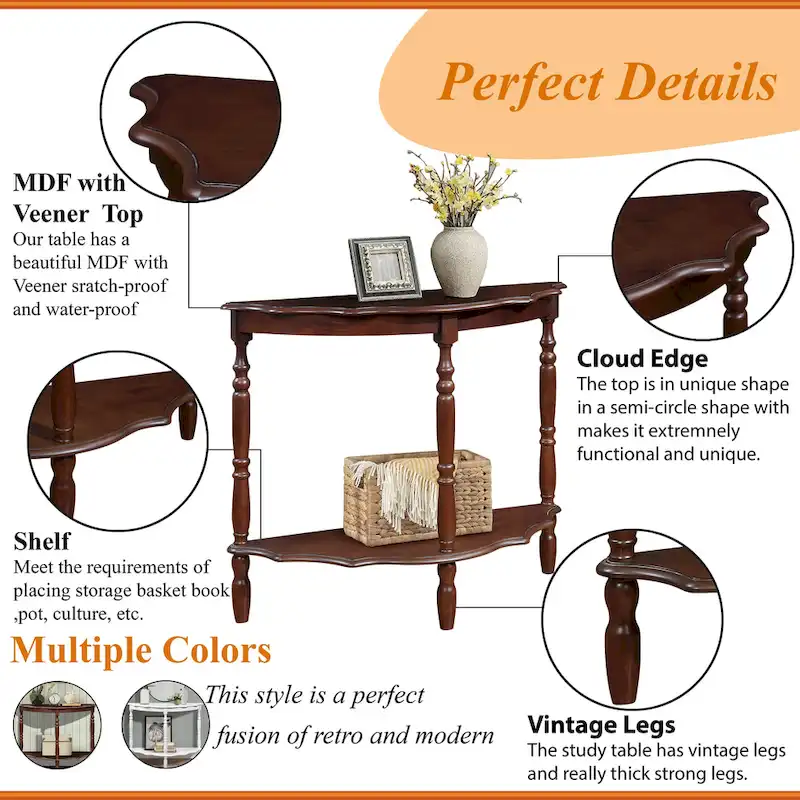 42 Retro Circular Curved Half-Moon Console Table with Cloud Design Top and Open Shelf Solid Wood Frame and Legs