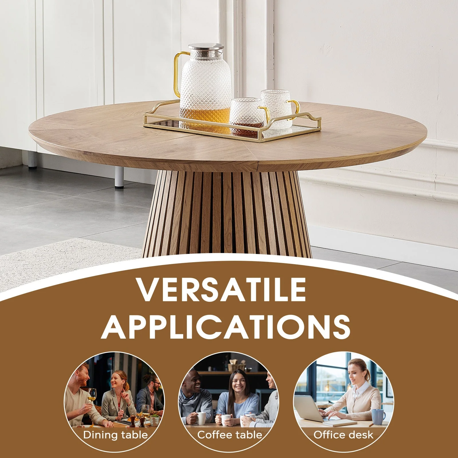 Modern Round Reeded Wooden Dining Table