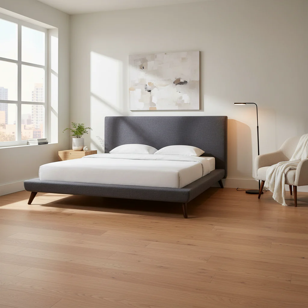 Mid-century Modern Grey Linen Bed