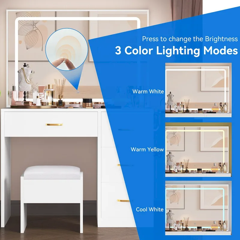 Moasis Vanity Set with Led Lights Makeup Desk Dressing Dresser Desk Table with 4 Drawer - 35.43 L x 15.74 W x 53.54 H