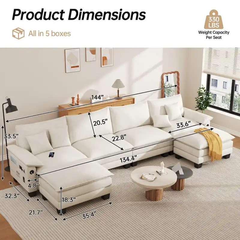 144 Modular Compression Sofa Set Convertible Sectional Sleeper Couch with 2 Ottomans