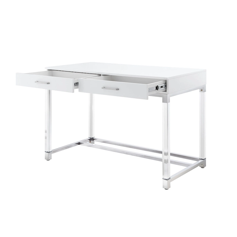 HomeRoots 48 White Clear and Gold Wood Acrylic and Stainless Steel Writing Desk With Two Drawers