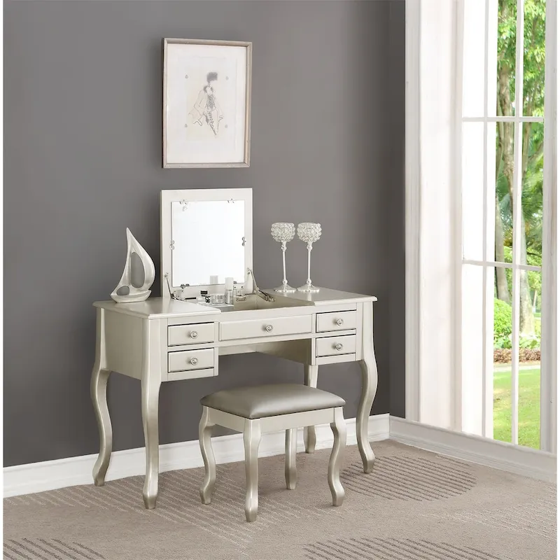 Flip Up Mirror Vanity Set with Stool