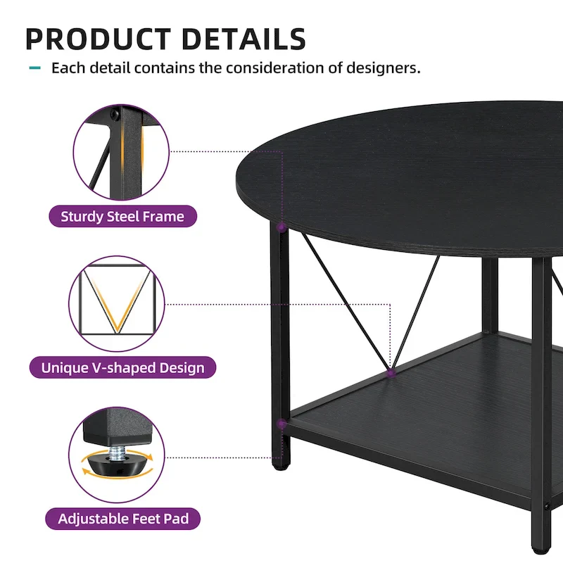 Industrial 2-Tier Round Coffee Table with Shelf
