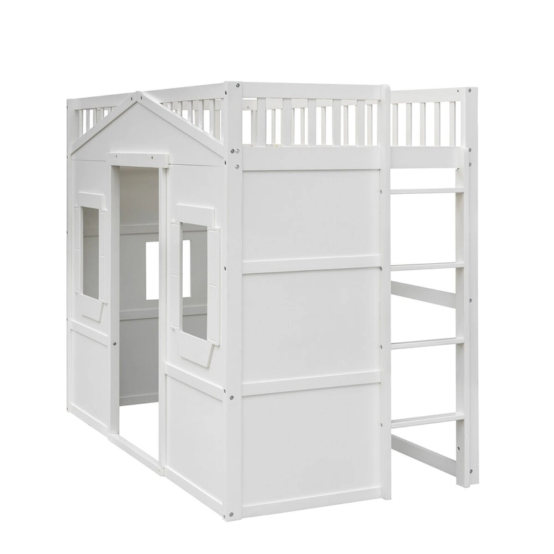 White Castle Style Solid Pine Wood Loft Bed with Ladder and Guard Rails