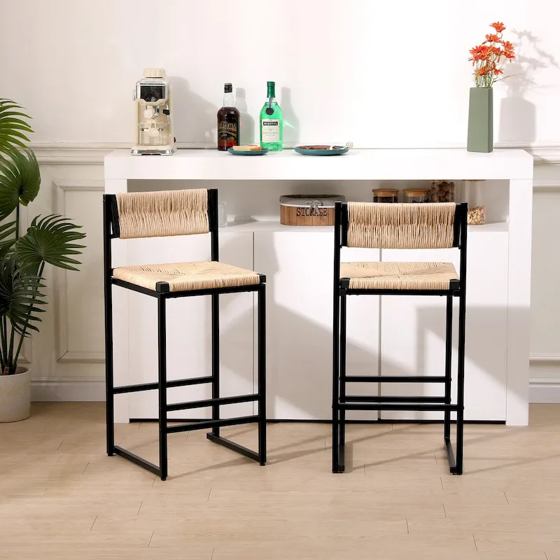 Bar Stools Set of 2 Paper Rope Weave Dining Chairs