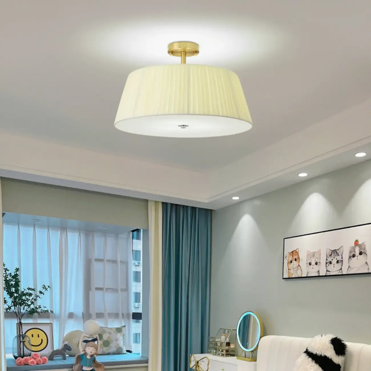 Geometric Fabric Semi Flush LED Ceiling Light for Bedroom