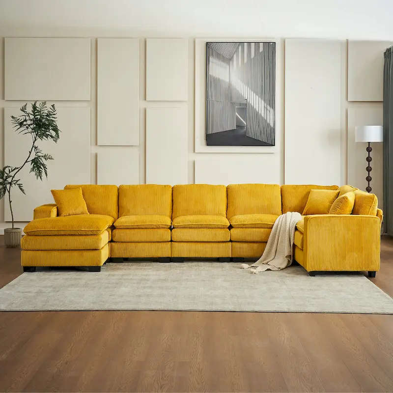 Yellow 118.1 Luxurious U-Shaped 6-Seat Sectional Sofa with Ottoman and 3 Throw Pillows in Durable Corduroy