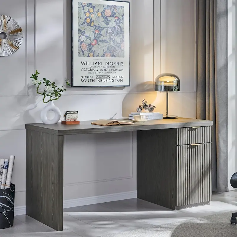 60  Modern Executive Desk, Wood Home Office Desk, Fluted Computer Desk