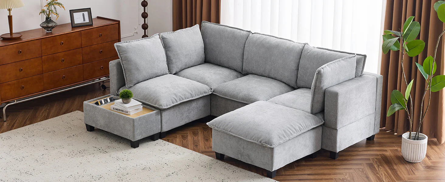 Walker Edison | Cloud Chenille Modular Sectional Sofa with Coffee Table