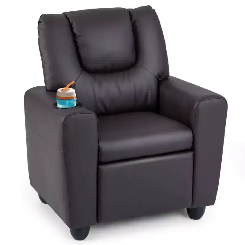 Kids Recliner Chair with Cup Holder – Beige / Black / Brown / Pink, Push-Back Style, 1-Seat