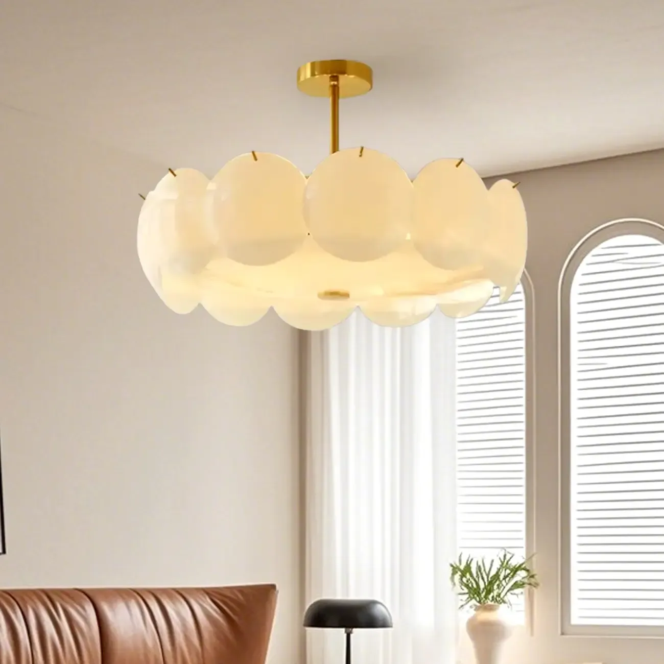 White Circle Glass Gold Semi Flush Mount Ceiling Light
