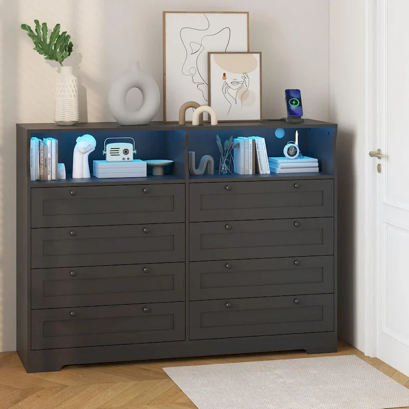 Modern Wood Dresser with 8 Drawers, Bedroom Dresser with Charging Station & LED Lights