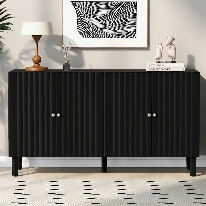 Elegant Four-Door Sideboard with Wavy Pattern Doors, Cylindrical Legs, and Sleek Metal Handles, Adjustable, for Living Room