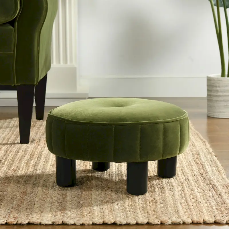 Round Footstool Ottoman - 16 Diameter, Vertical Tufted, Black Legs, Mid-Century Modern, 200 lbs