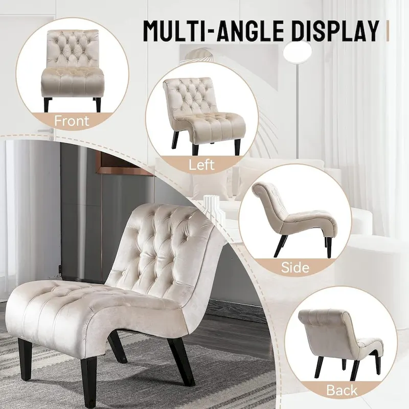 Velvet Armless Accent Chair, Button Tufted Slipper Chair, Side Chair, Lounge Chair