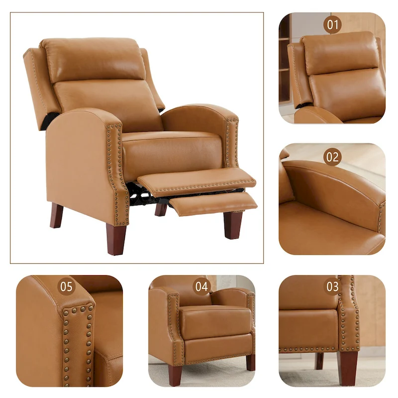 Genuine Leather Pushback Recliner with Multi-Angle Seat Back and Solid Wood Legs