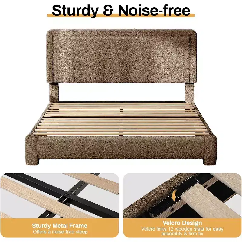 Dyonery Boucle Bed Frame,Black Upholstered Teddy Fabric Bed Frame with Headboard,No Box Spring Required, Adjustable Headboard, Easy Assembly