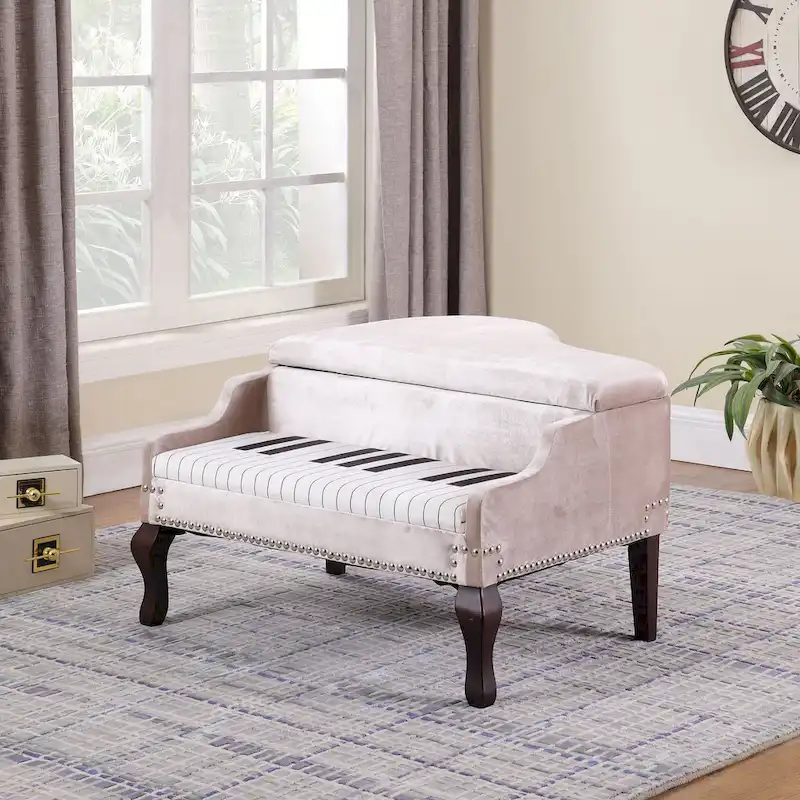 21 In. Beige Piano Upholstered Nailhead Living Room Ottoman