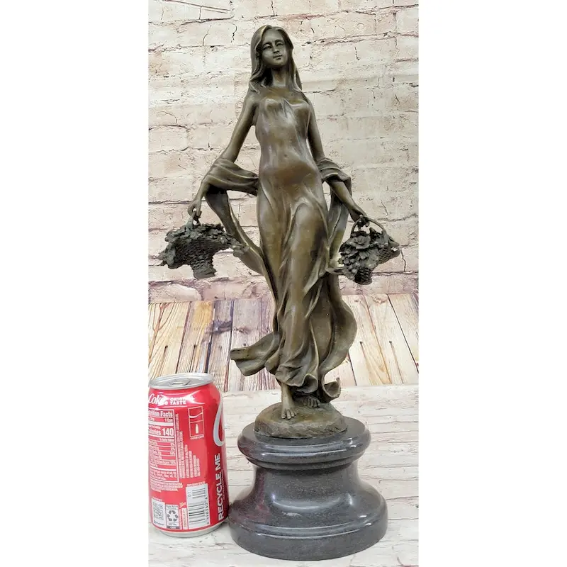 Real Bronze Statue Farmer Girl W/Flower Basket Sculpture Fall Harvest Figurine Art