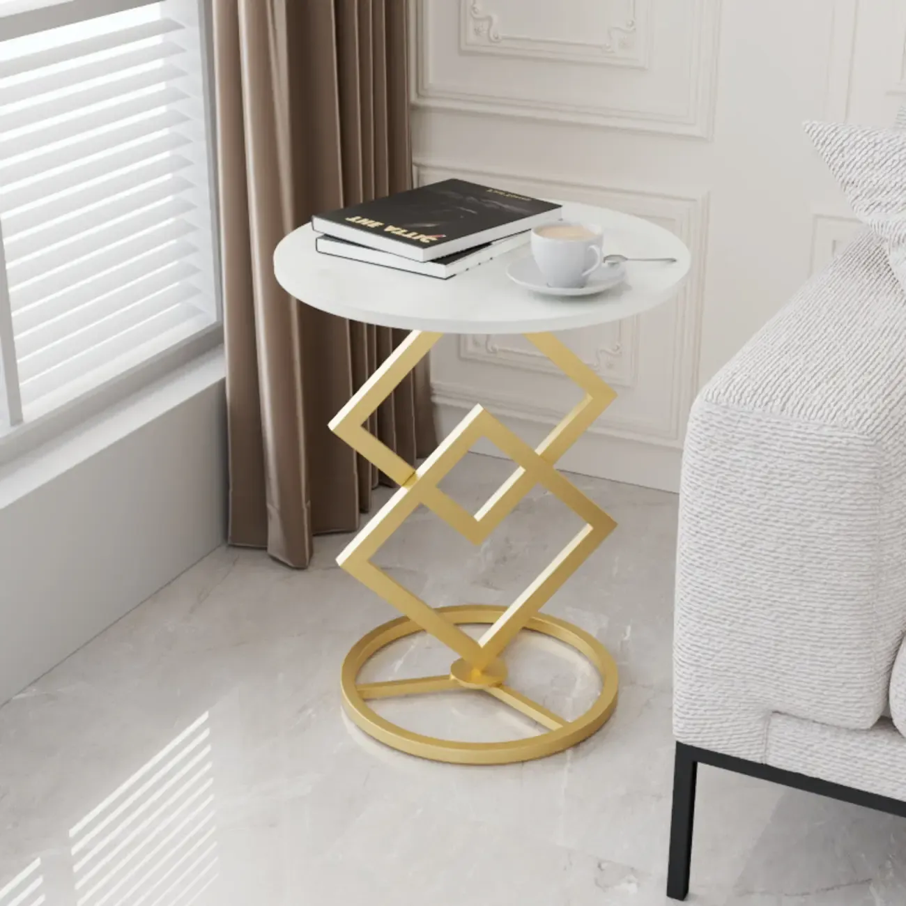Stylish Round Marble Side Table with Metal Base for Room