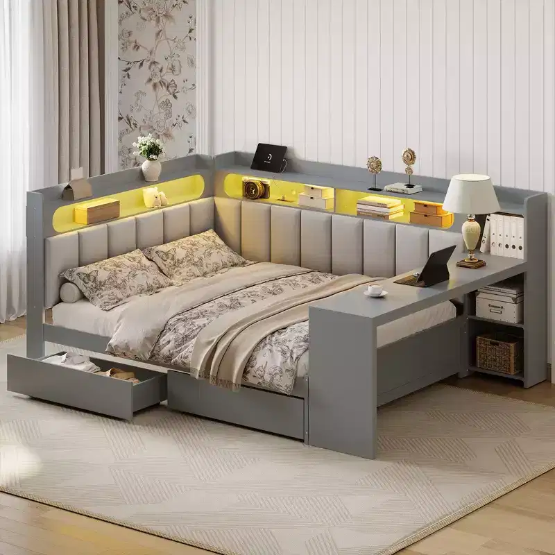 Whisen Full Size Daybed with Storage Shelves, Drawers, Charging Station, LED Light, Desk, Upholstered Headboard and Backrest