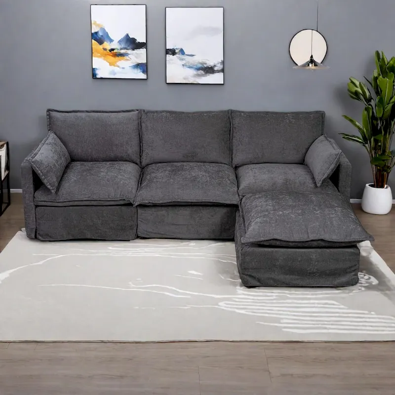 93.31 Faux Linen Modular Sectional Sofa with Movable Ottoman, Solid Wood Frame, and High-Resilience Foam Cushions