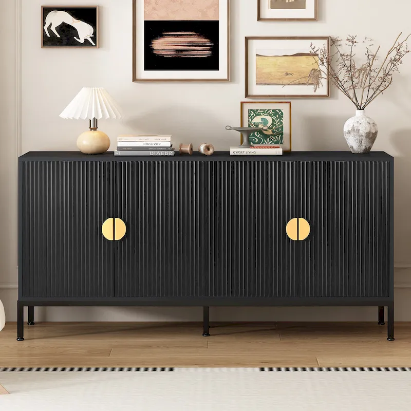 Exquisite Vertical-Striped Four-Door Sideboard with Sturdy Metal Legs and Semi-Circular Handles, for Entryway and Living Room