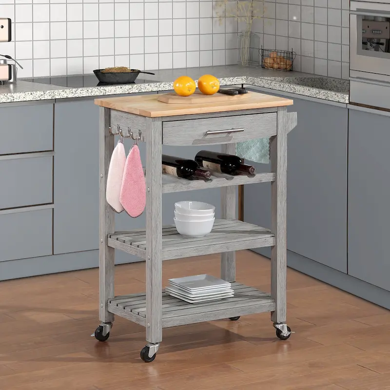 Ellaine 4 Tier Butcher Block Kitchen Cart with Drawer and Wine Rack