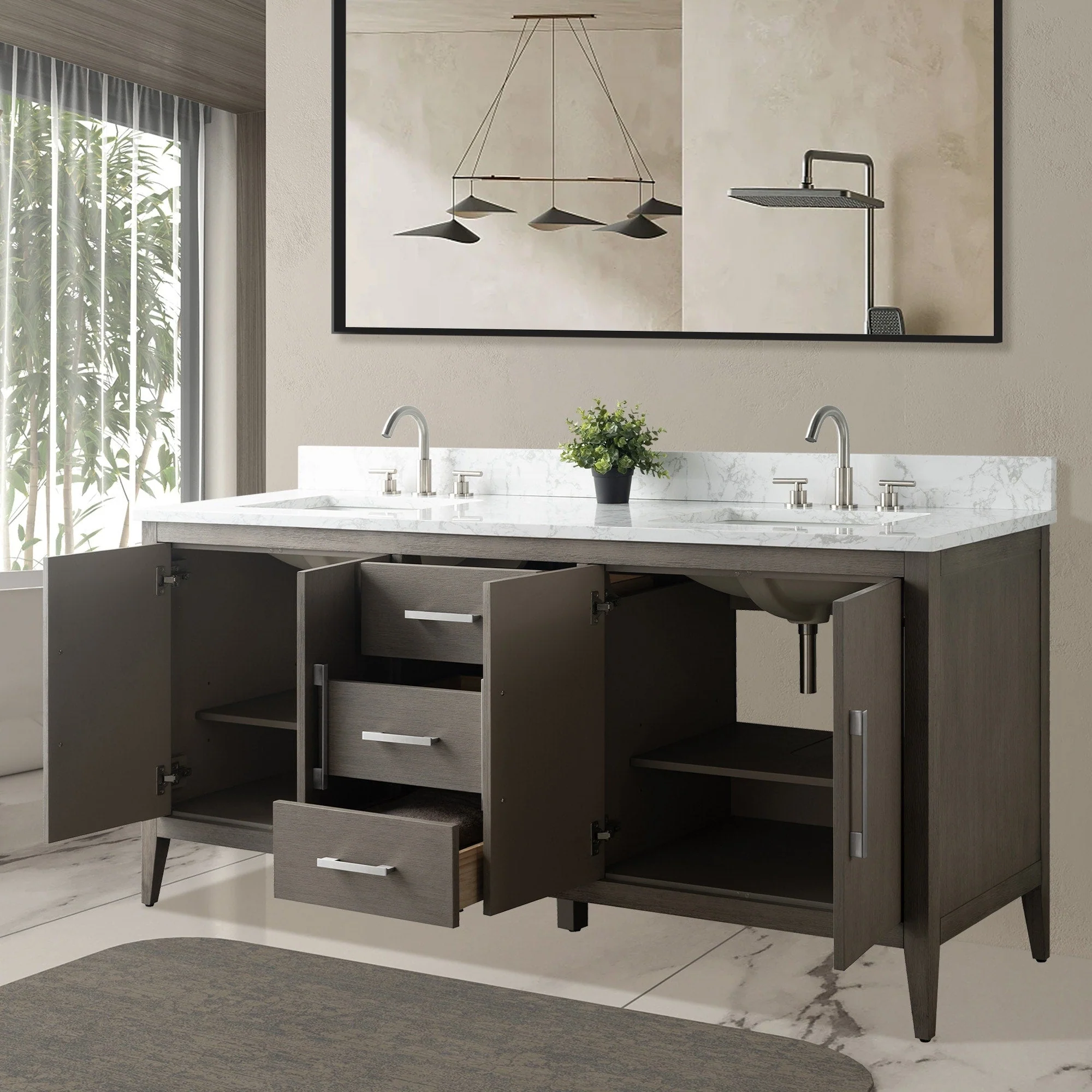Vanity Art 72 Double Sink Bathroom Vanity Cabinet with Engineered Marble Top