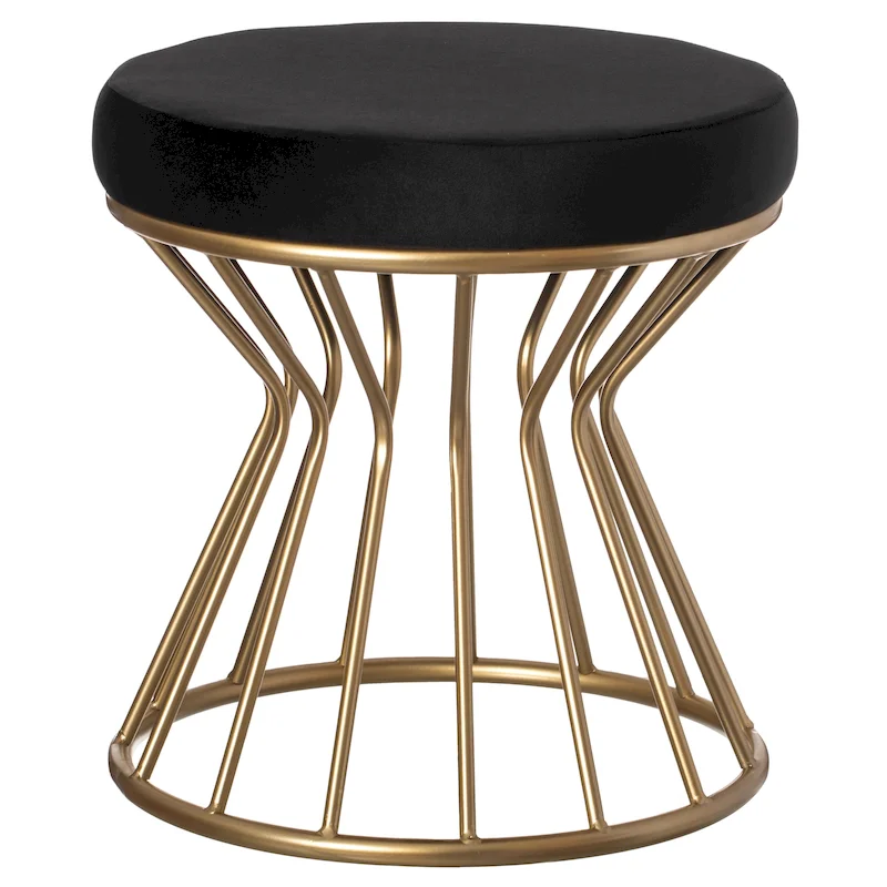Round Velvet Ottoman Stool, Gray/Black, Gold Metal Base, Modern, 17.75