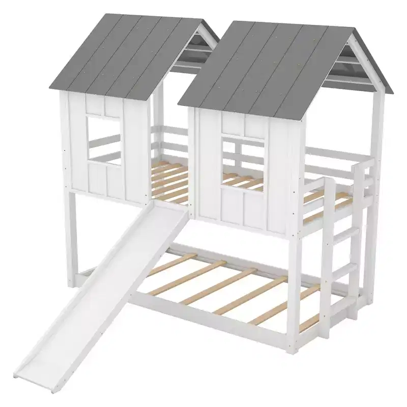 Whisen Twin over Twin House Bunk Bed with Slide and Windows - White