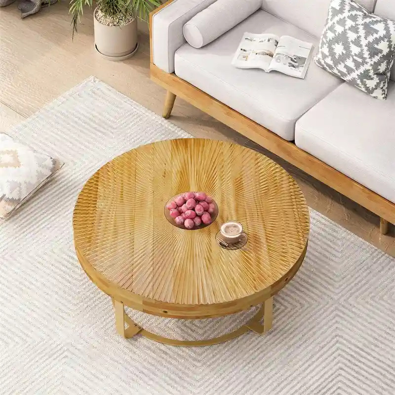 Modern Wood Round Coffee Table with Metal Legs