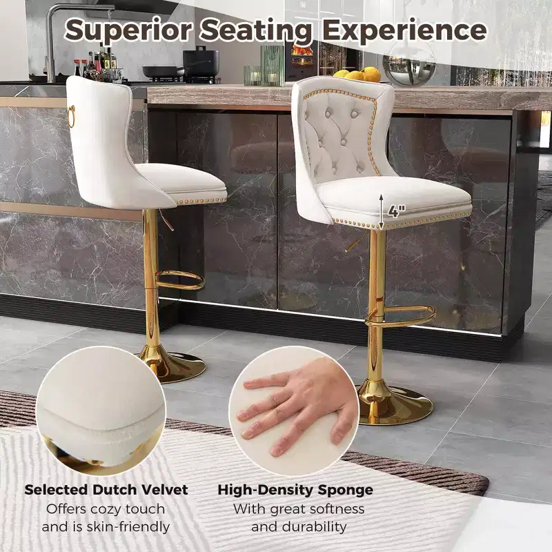 Set of 2 Bar Chairs Dutch Velvet Bar Stool with Footrest Metal Base Anti-Slip Ring Pink/Beige/Grey